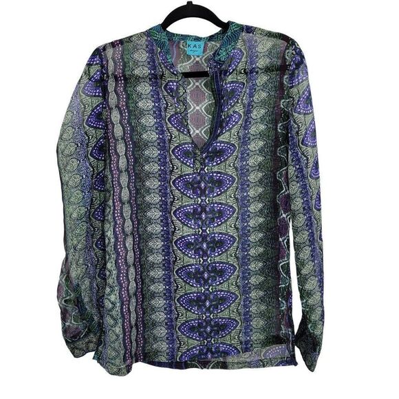 KAS Designs Sheer Long Blouse L Blue Green Medallion Leaf Print Boho Peasant - Picture 2 of 11